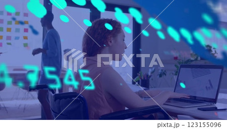 Image of financial data processing over caucasian businesswoman using laptop in office Image of financial data processing over caucasian businesswoman using laptop in office 123155096