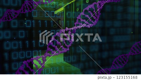 Image of dna strand, binary coding and data processing over computer servers 123155168