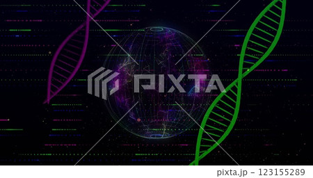Image of digital data processing, globe over dna strand spinning Image of digital data processing, globe over dna strand spinning 123155289