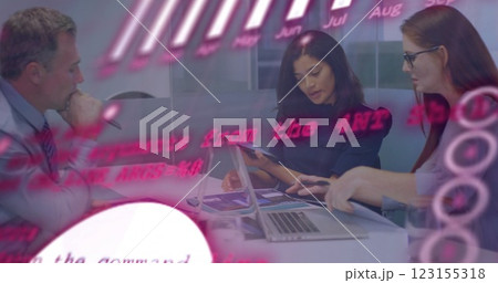 Image of financial data processing over diverse business people in office 123155318
