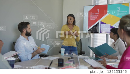 Image of data processing over diverse business people talking in office 123155346