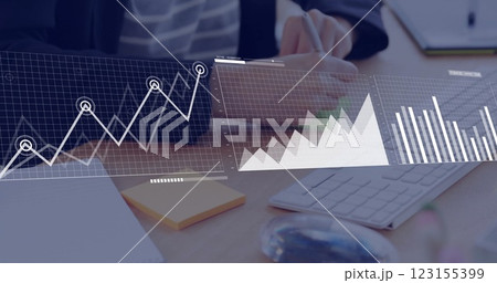 Image of financial data processing over caucasian businesswoman writing 123155399