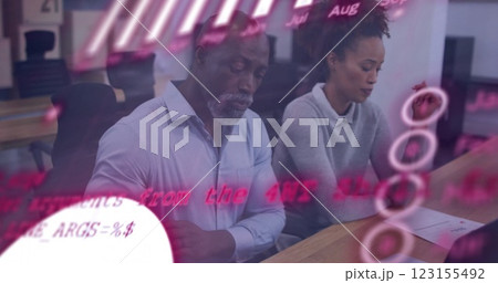 Image of financial data processing over diverse business people in office 123155492