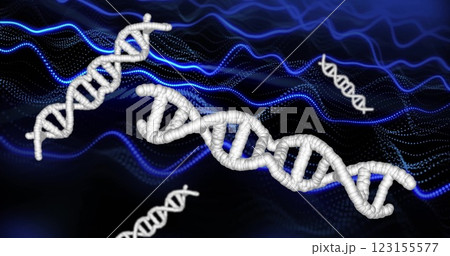 DNA strands and blue waves, scientific data processing image 123155577