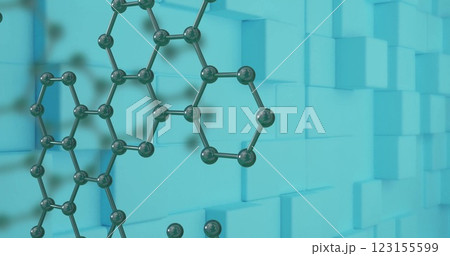 Molecular structure image over blue geometric blocks background Molecular structure image over blue geometric blocks background 123155599
