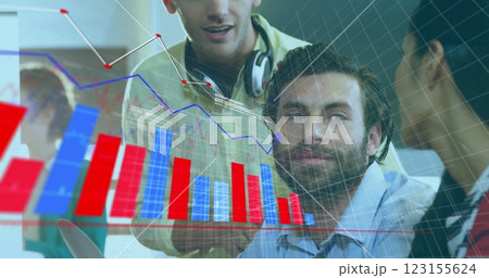 Image of financial data processing over diverse business people in office 123155624