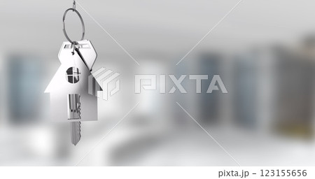 House-shaped keychain image over blurred modern interior background House-shaped keychain image over blurred modern interior background 123155656