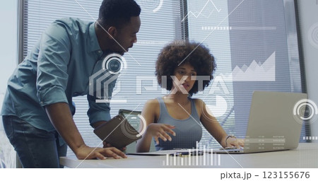 Image of icons and data processing over diverse business people in office 123155676