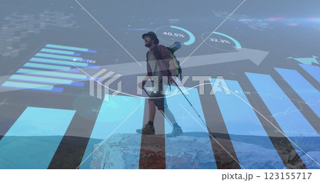 Image of financial data processing over caucasian man hiking in mountains Image of financial data processing over caucasian man hiking in mountains 123155717