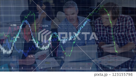 Image of data processing and diagrams over diverse business people discussing work 123155798