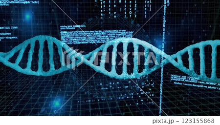 Image of dna strand, data processing over scope scanning on black background Image of dna strand, data processing over scope scanning on black background 123155868