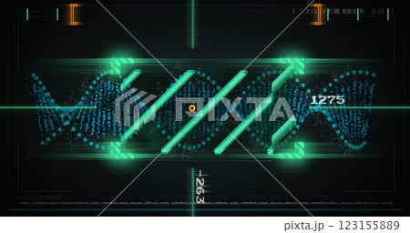 Image of data processing over dna strand on black background 123155889