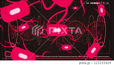 Image of virus cells over data processing with dna strand on black background Image of virus cells over data processing with dna strand on black background 123155924