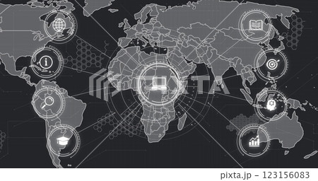 Digital world map with laptop icon and data processing image over continents Digital world map with laptop icon and data processing image over continents 123156083
