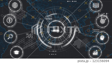 Digital network and data processing image over world map background Digital network and data processing image over world map background 123156094