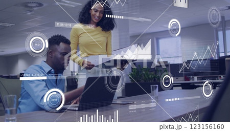 Business data analytics image over diverse colleagues collaborating in modern office Business data analytics image over diverse colleagues collaborating in modern office 123156160