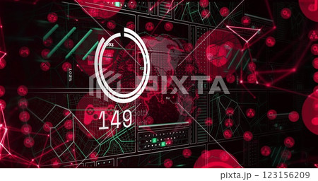 Digital data processing image over red and green graphical interface with numbers 123156209