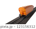 Train with colorful hopper cars on the railway tracks. Railroad on a white background. 123156312