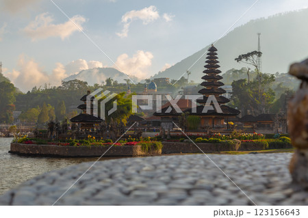 The beauty of Ulun Danu Bratan Temple is located on the shores of Lake Bratan in Bedugul, Tabanan, in the east of Bali, Indonesia 123156643