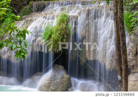Erawan Waterfall is widely considered to be one of the most beautiful in Kanchanaburi,Thailand located in Erawan National Park 123156660