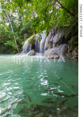 Erawan Waterfall is widely considered to be one of the most beautiful in Kanchanaburi,Thailand located in Erawan National Park 123156662