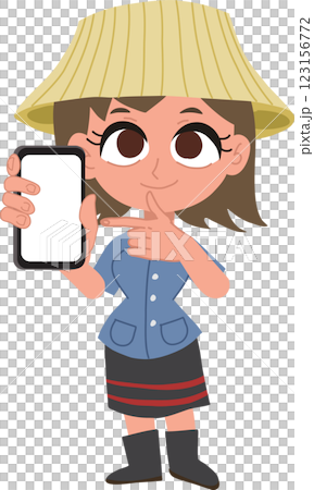 cartoon of a smiling thai female farmer holding smartphone,  using smartphone 123156772