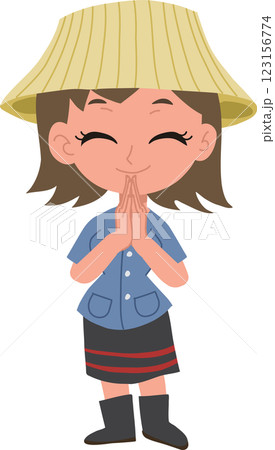 adorable cartoon of a thai farmer woman giving a warm wai greeting 123156774