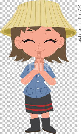 adorable cartoon of a thai farmer woman giving a warm wai greeting 123156774