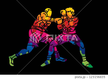 Two Boxers are Fighting  Boxing Sport Kickboxing Action Muay Thai Cartoon Graphic Vector 123156835