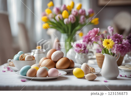 A Plate Of Hot Cross Buns Sits On A Table Next To A Vase Of Yellow Tulips 123156873
