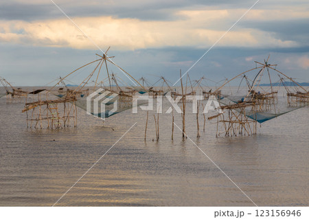The beauty of the giant trap used by fishermen to catch fish in the Thale Noi freshwater lake, Pak Pra, Phatthalung 123156946
