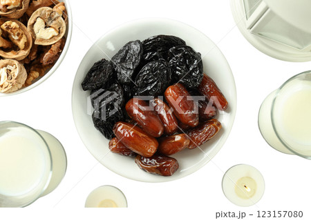 PNG, Ramadan. Bowl of dried fruits and walnuts,isolated on white background. 123157080