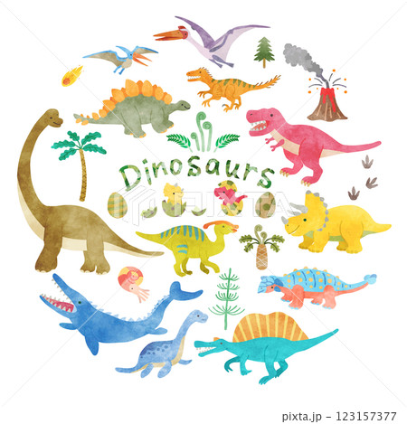 恐竜イラストセット  手描き水彩風　 123157377