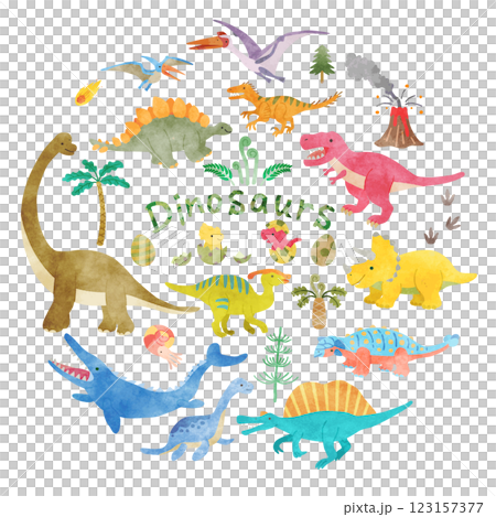 恐竜イラストセット  手描き水彩風　 123157377