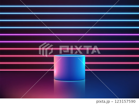 futuristic neon lit stage with glowing podium, vibrant blue and pink lights, modern technology showcase futuristic neon lit stage with glowing podium, vibrant blue and pink lights, modern technology showcase 123157590