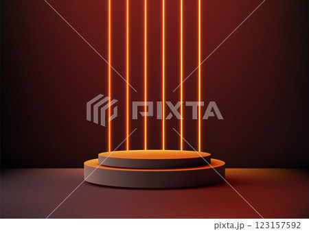 Futuristic neon lit podium with glowing orange light beams for modern tech presentations and high tech showcases 123157592