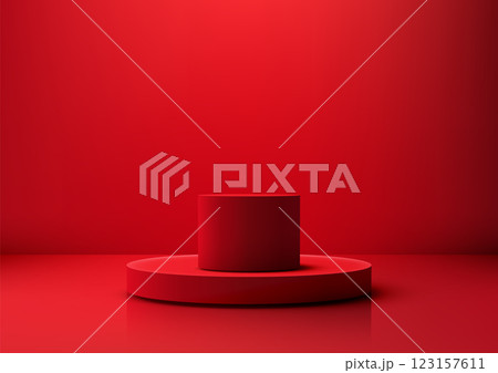 Red cylindrical 3d podium on circular base for product display and graphic design mockups 123157611