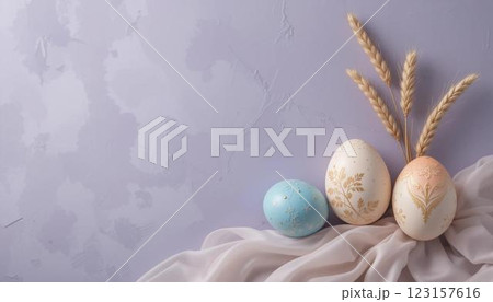 Elegant pastel Easter eggs with filigree designs and delicate drapery Elegant pastel Easter eggs with filigree designs and delicate drapery 123157616