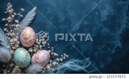 Elegant Easter eggs with gold foil on navy blue velvety background 123157651