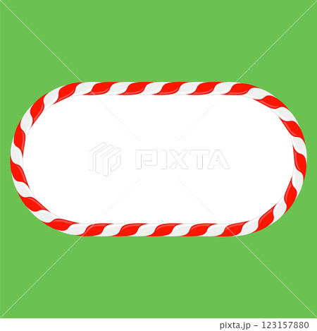Vector Christmas candy cane frame with red and white stripes on green background. Xmas border 123157880