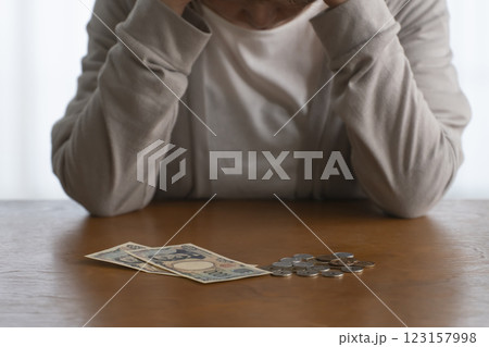 財布に残った現金をテーブルにばら撒く 自然光 財布に残った現金をテーブルにばら撒く 自然光 123157998