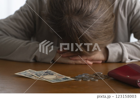 財布に残った現金をテーブルにばら撒く 自然光 財布に残った現金をテーブルにばら撒く 自然光 123158003