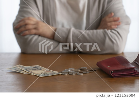 財布に残った現金をテーブルにばら撒く　自然光 123158004