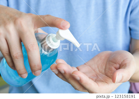 A man cleans his hands with alcohol gel to protect against coronavirus covid-19. 123158191