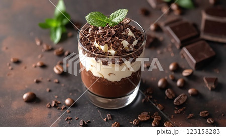 A delicious chocolate and coffee dessert in a glass, topped with chocolate shavings and mint 123158283