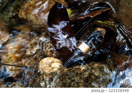 A bottle of hydration serum rests among leaves and smooth stones in flowing water. A bottle of hydration serum rests among leaves and smooth stones in flowing water. 123158349