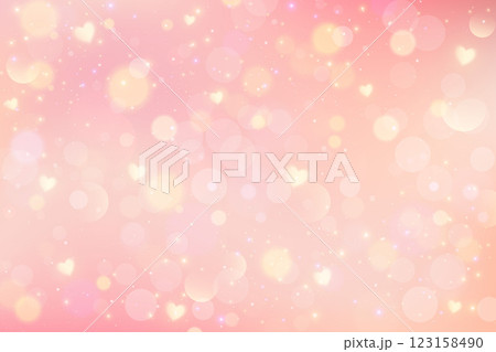 Lovely pink background with hearts and bokeh. Cute romantic sky with light glitter and sparkles. Abstract pastel Valentine Day blurred wallpaper. Girly fairy fantasy backdrop. 123158490