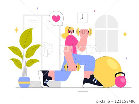 Fitness and Gym Vector Illustration Featuring Exercise, Wellness, Mental Health, Healthcare, and a Healthy Lifestyle in a Flat Style Background 123158496