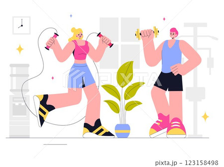 Fitness and Gym Vector Illustration Featuring Exercise, Wellness, Mental Health, Healthcare, and a Healthy Lifestyle in a Flat Style Background Fitness and Gym Vector Illustration Featuring Exercise, Wellness, Mental Health, Healthcare, and a Healthy Lifestyle in a Flat Style Background 123158498
