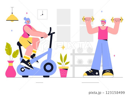 Fitness and Gym Vector Illustration Featuring Exercise, Wellness, Mental Health, Healthcare, and a Healthy Lifestyle in a Flat Style Background Fitness and Gym Vector Illustration Featuring Exercise, Wellness, Mental Health, Healthcare, and a Healthy Lifestyle in a Flat Style Background 123158499